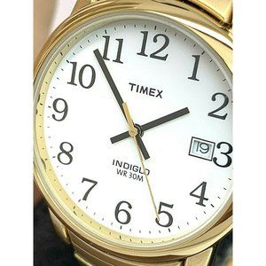Timex Men's Watch T2H301 Quartz 35mm White Dial Indiglo Gold Tone Stretched Band